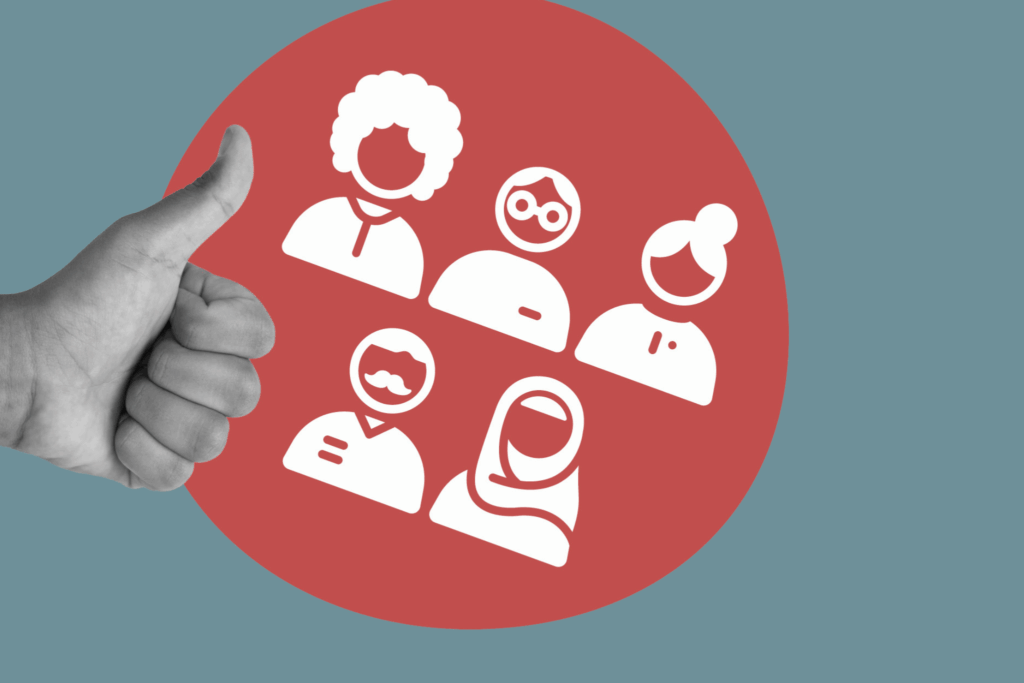 Illustration einer vielfältigen Gruppe von fünf Personen in einem roten Kreis. Links daneben ist eine Hand mit erhobenem Daumen zu sehen, die Zustimmung oder positive Bewertung symbolisiert.